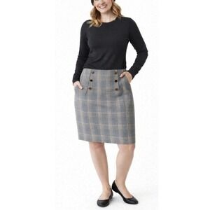 H&M Women's Tan Black Plaid Gold Buttons Zip Up High Waist Pencil Skirt Size 10
